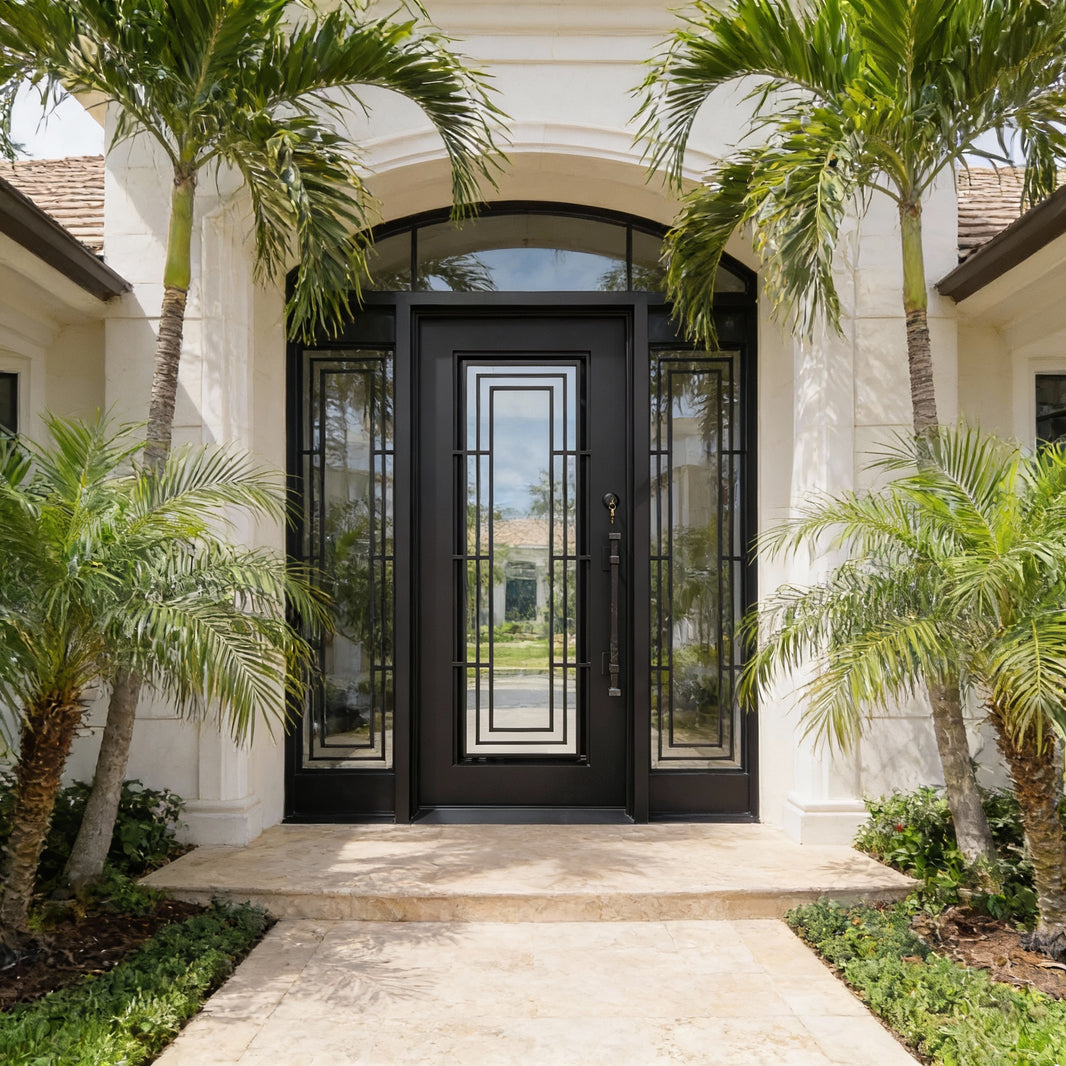 Square Top Modern Wrought Iron Entry Door with Geometric Framing and Centered Glass Panel Model # IWD949
