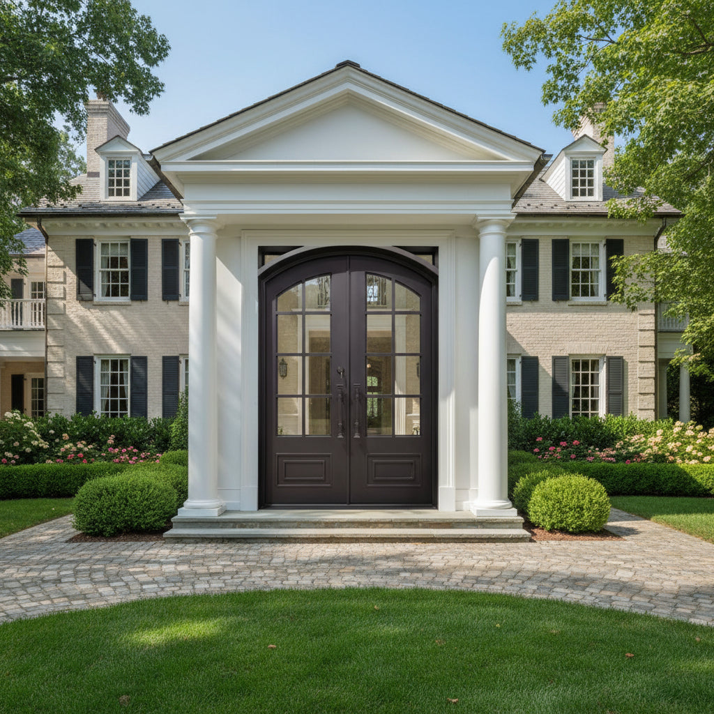 French Style Square Top Wrought Iron Entry Door with Kickplate and Custom Scrollwork Model # IWD952