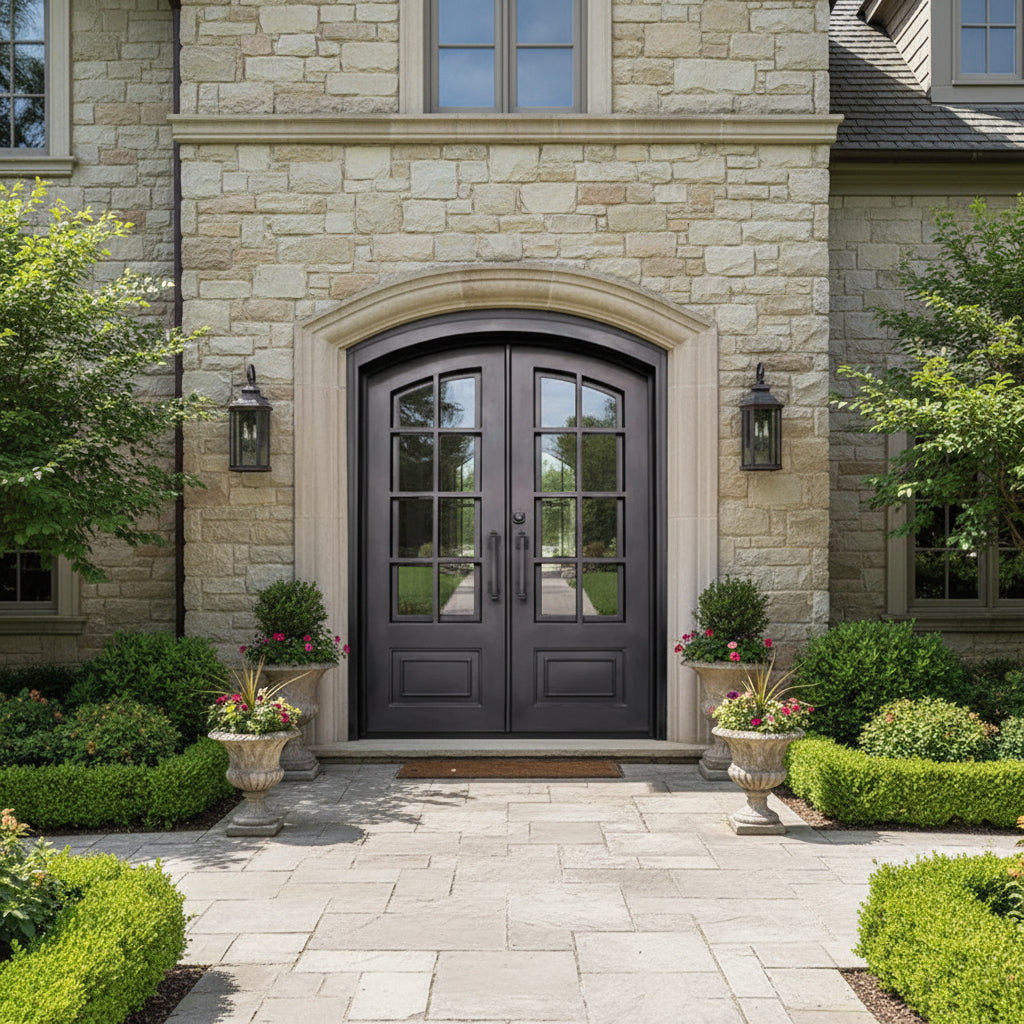French Style Square Top Wrought Iron Entry Door with Kickplate and Ornamental Scrollwork Model # IWD960