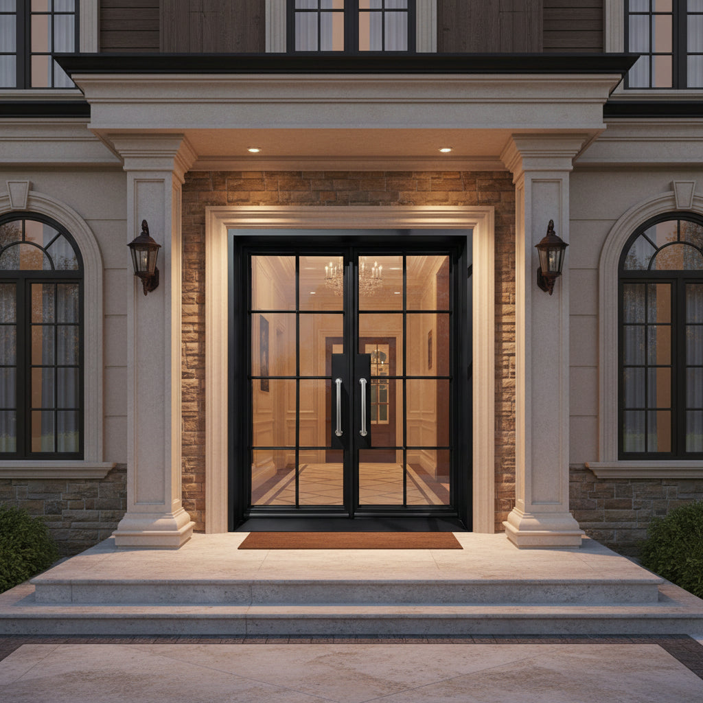 French Style Square Top Double Wrought Iron Entry Doors with Kickplate and Scroll Detailing Model # IWD1001