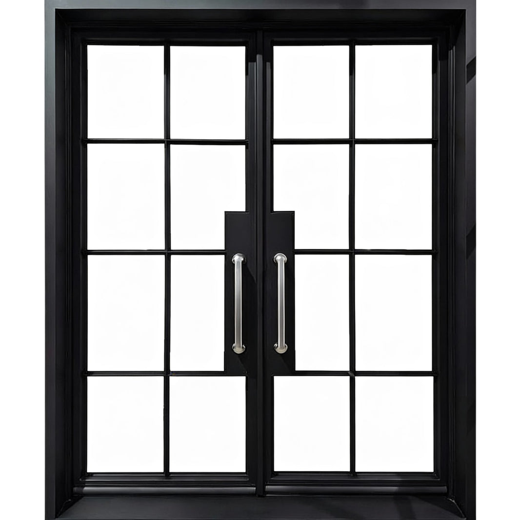 French Style Square Top Double Wrought Iron Entry Doors with Kickplate and Scroll Detailing Model # IWD1001