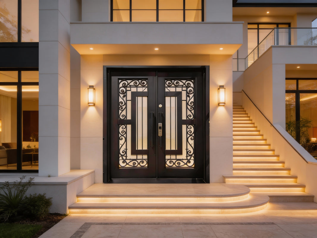 Modern Wrought Iron Door with Square Top and Vertical Panel Cutouts – Model # IWD1002