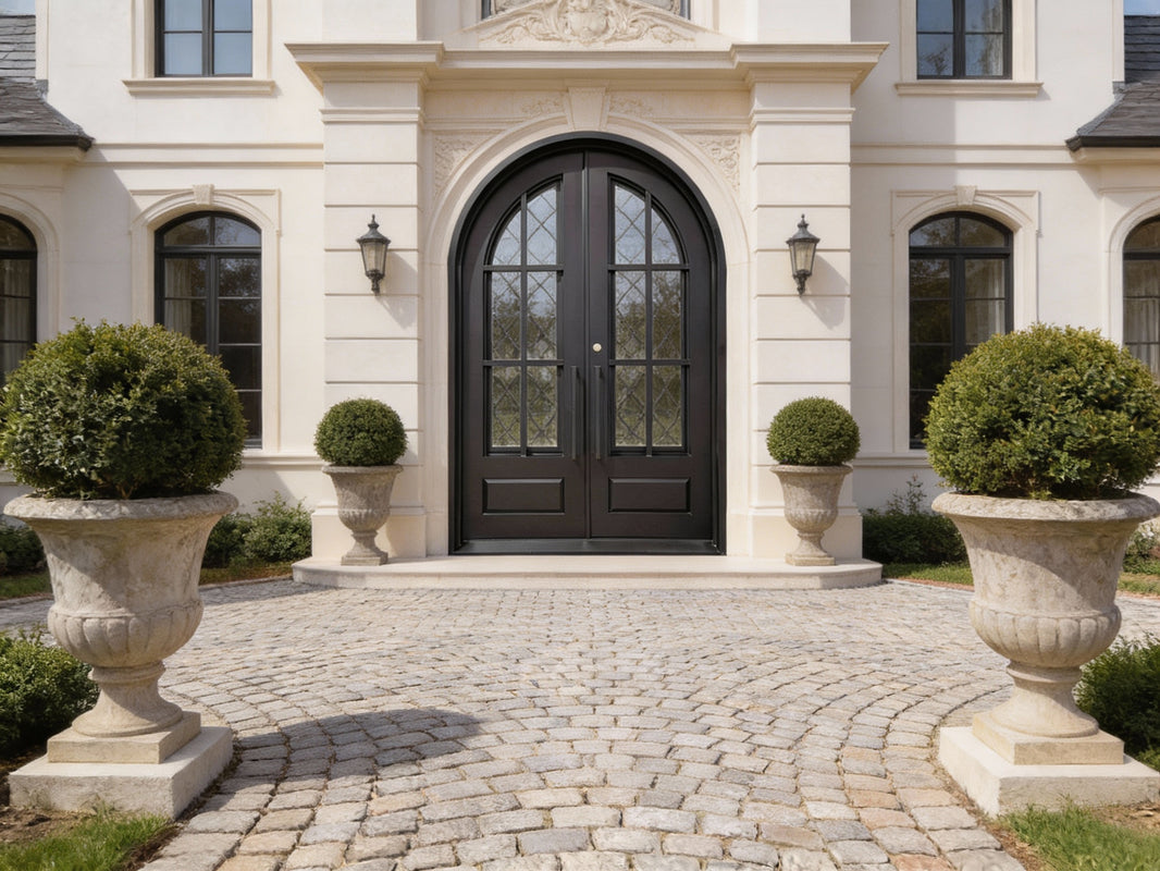French Style Arched Wrought Iron Double Entry Doors with Kickplate and Ornamental Scrollwork Model # IWD1004