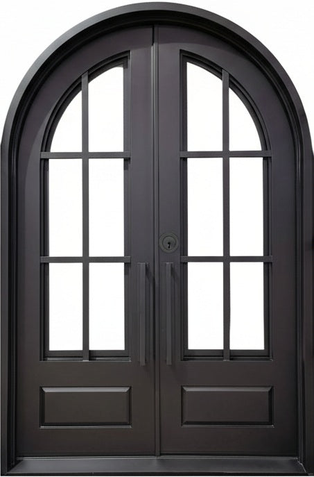 French Style Arched Wrought Iron Double Entry Doors with Kickplate and Ornamental Scrollwork Model # IWD1004