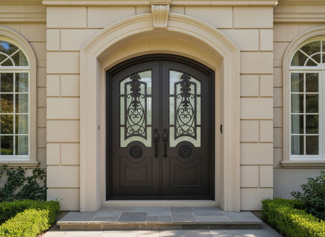 Wrought Iron Double Door with Square Top, Textured Glass Panels, and Ornamental Scrollwork – Model # IWD1006