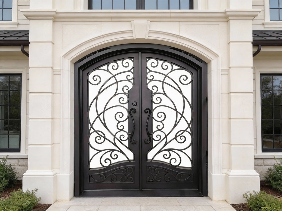 Wrought Iron Door with Square Top, Ornamental Scrollwork, and Decorative Kickplate – Model # IWD1007