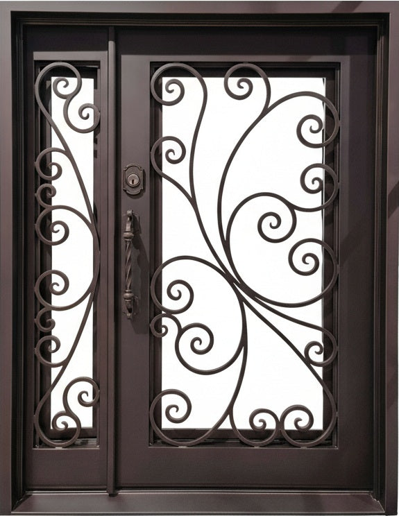 Wrought Iron Double Door with Square Top and Ornamental Scroll Panels – Model # IWD1008