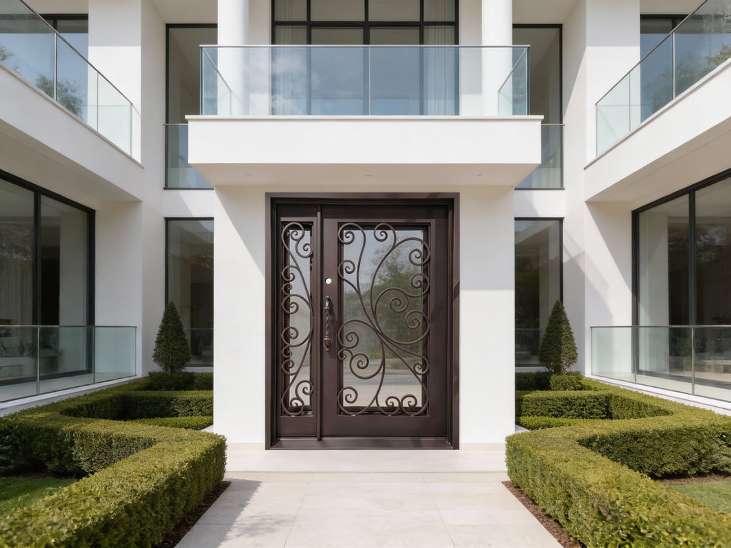 Wrought Iron Double Door with Square Top and Ornamental Scroll Panels – Model # IWD1008