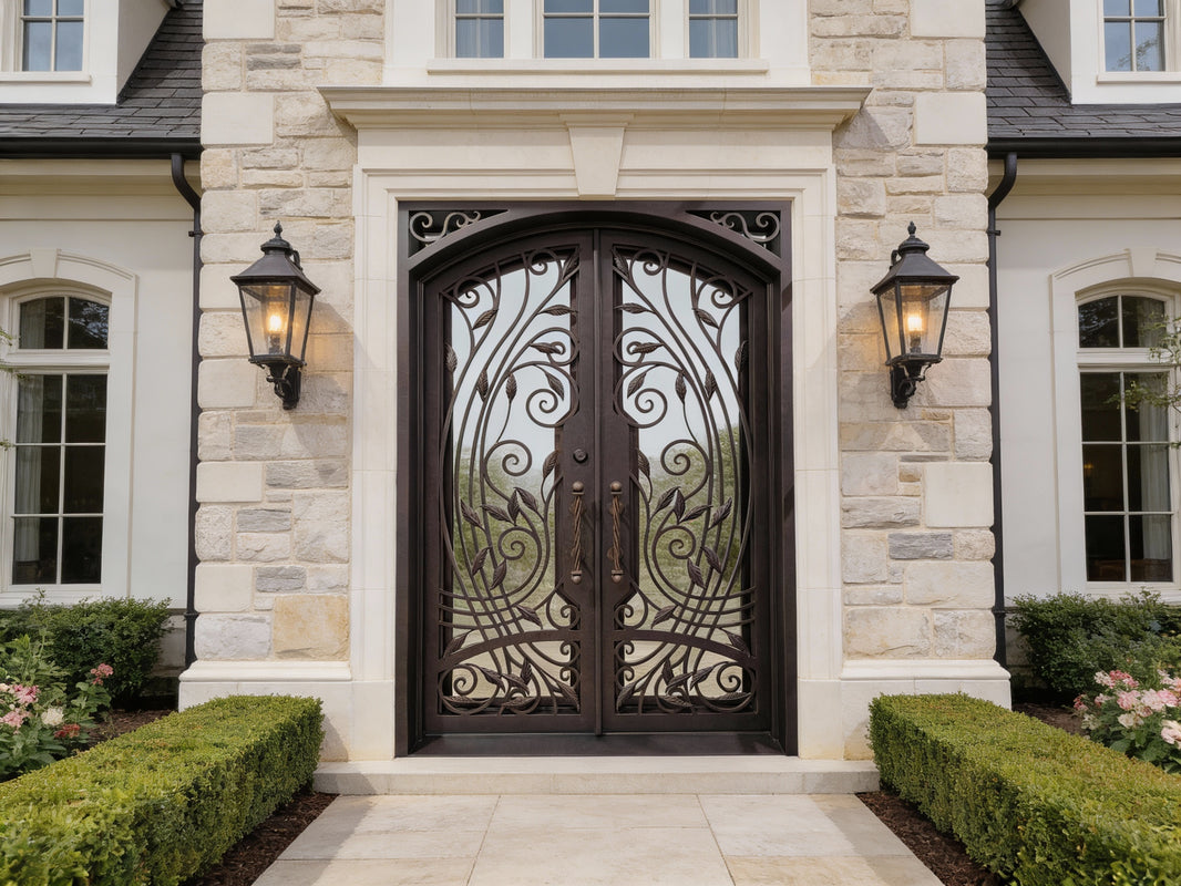 Wrought Iron Door with Square Top, Decorative Kickplate, and Scroll Detailing – Model # IWD1009