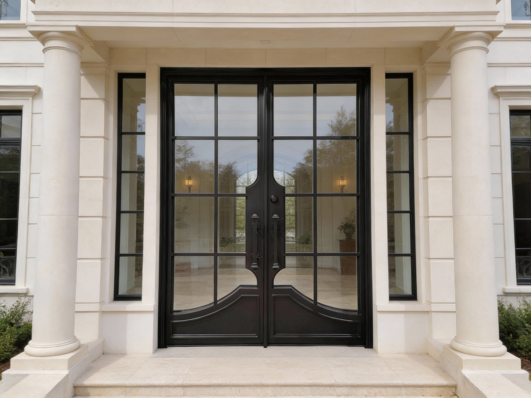 French Style Square Top Wrought Iron Entry Door with Kickplate Panel and Scroll Accent Model # IWD1010