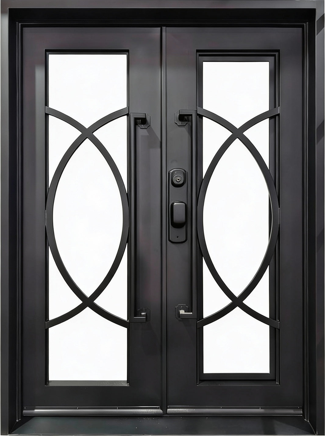 Wrought Iron Double Door with Square Top and Oval Scroll Glass Panel – Model # IWD1014
