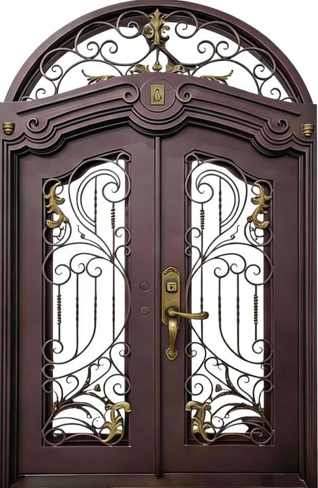 Arched Wrought Iron Double Door with Gold Accent Scrollwork and Custom Monogram – Model # IWD1020