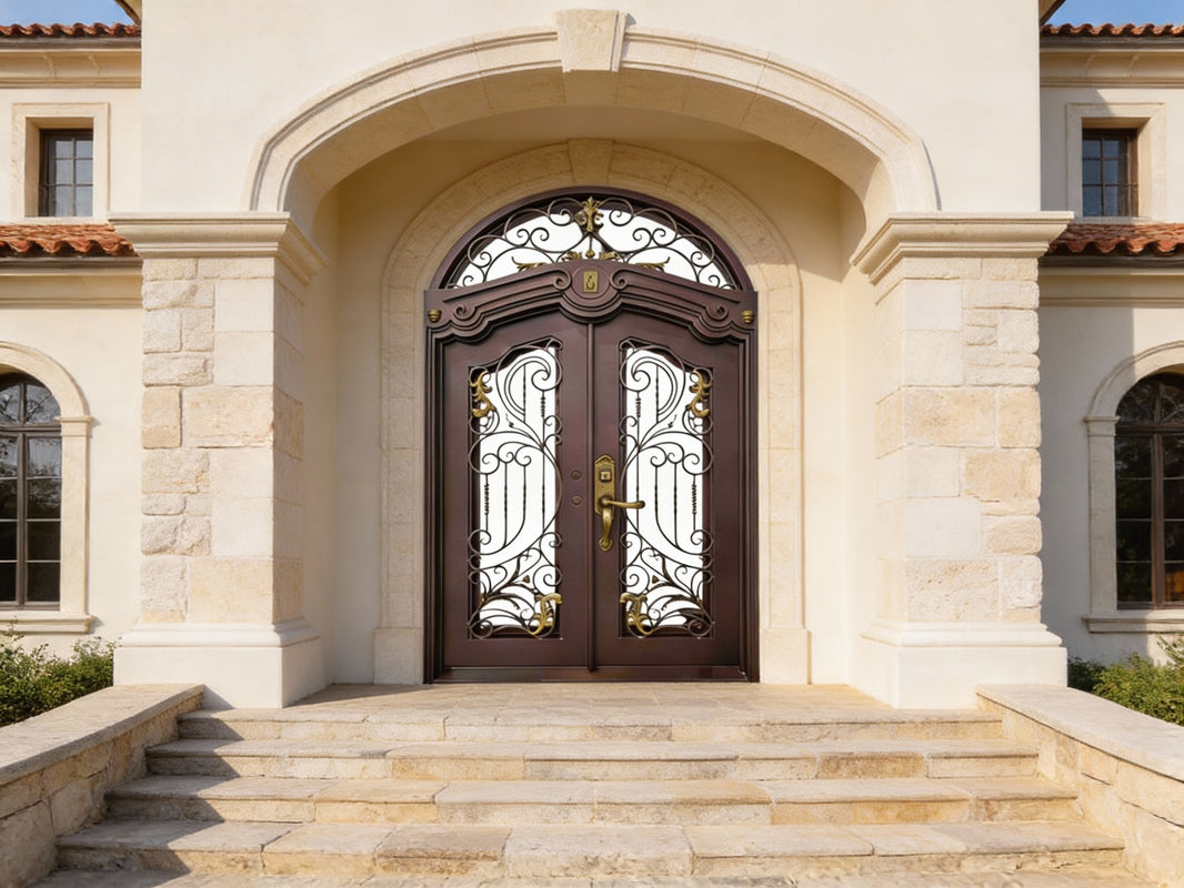 Arched Wrought Iron Double Door with Gold Accent Scrollwork and Custom Monogram – Model # IWD1020