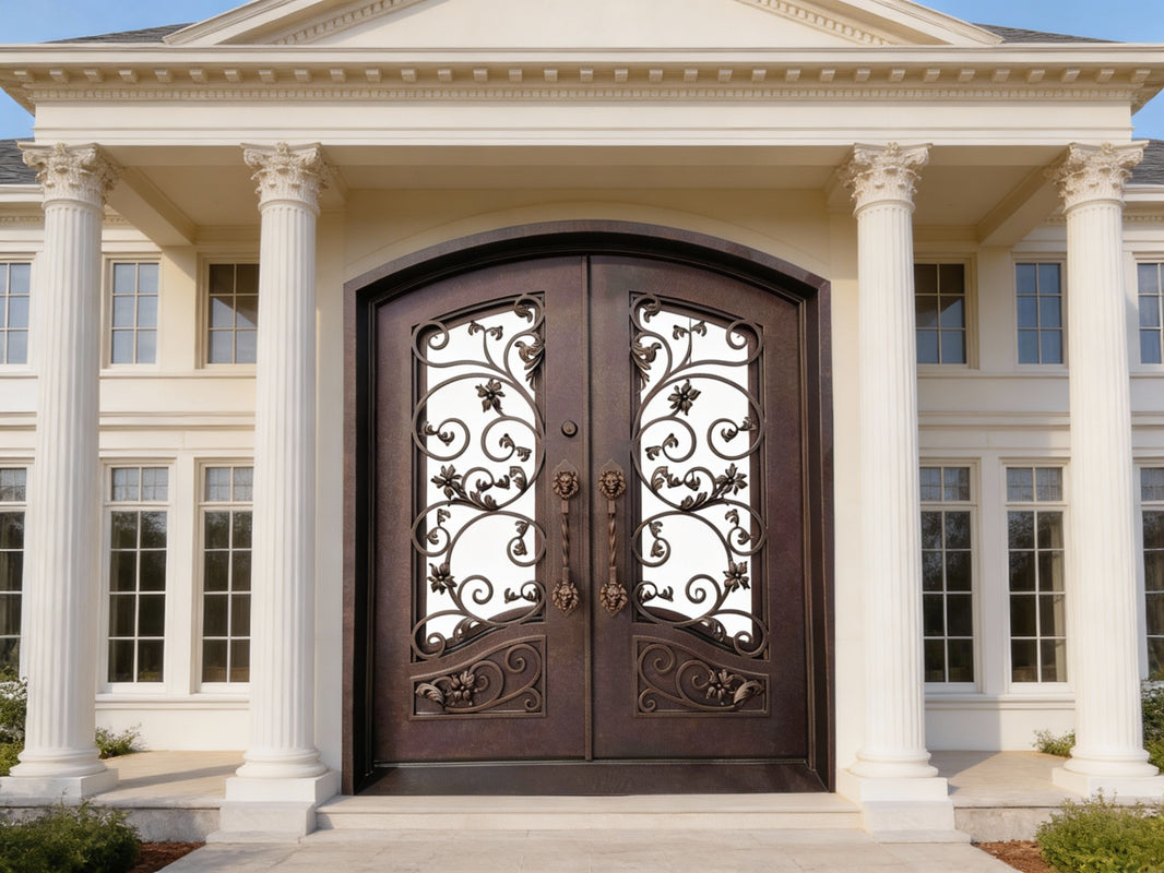 Arched Wrought Iron Double Entry Door with Kickplate and Floral Scrollwork – Model # IWD1021