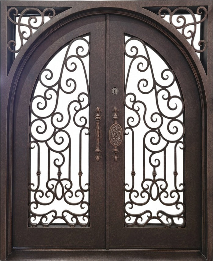 Arched Wrought Iron Entry Door  Scrollwork Design with Integrated Kickplate Model IWD1027
