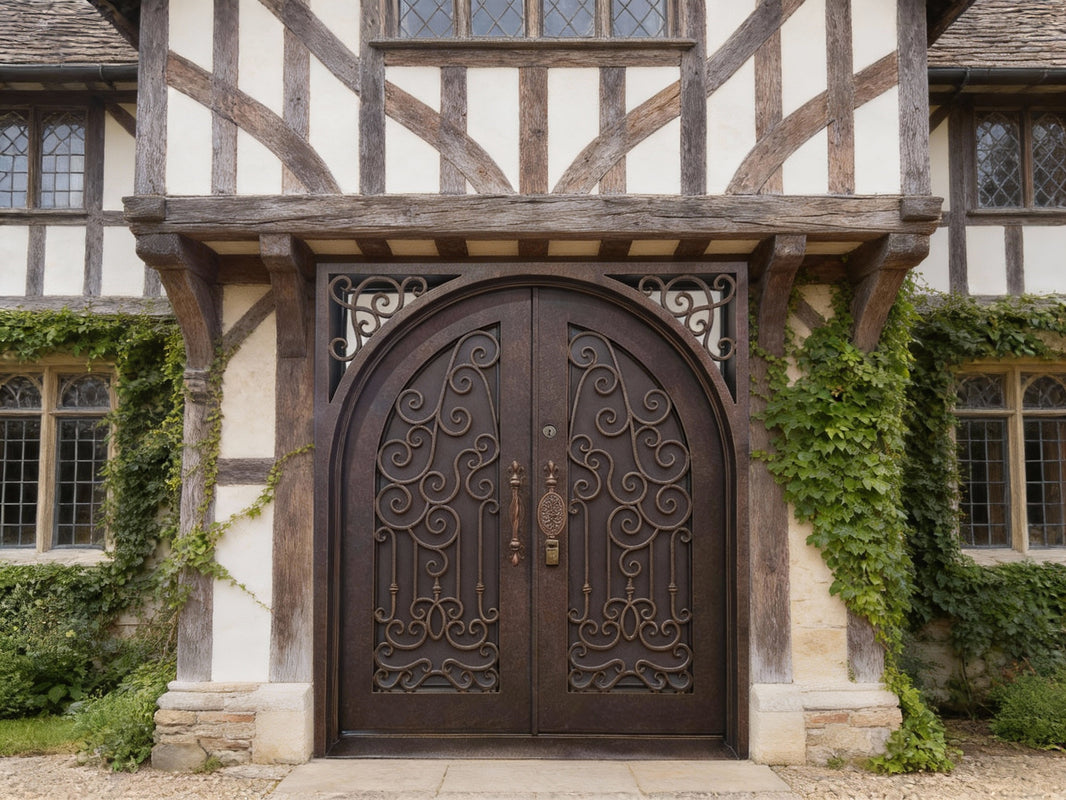 Arched Wrought Iron Entry Door  Scrollwork Design with Integrated Kickplate Model IWD1027