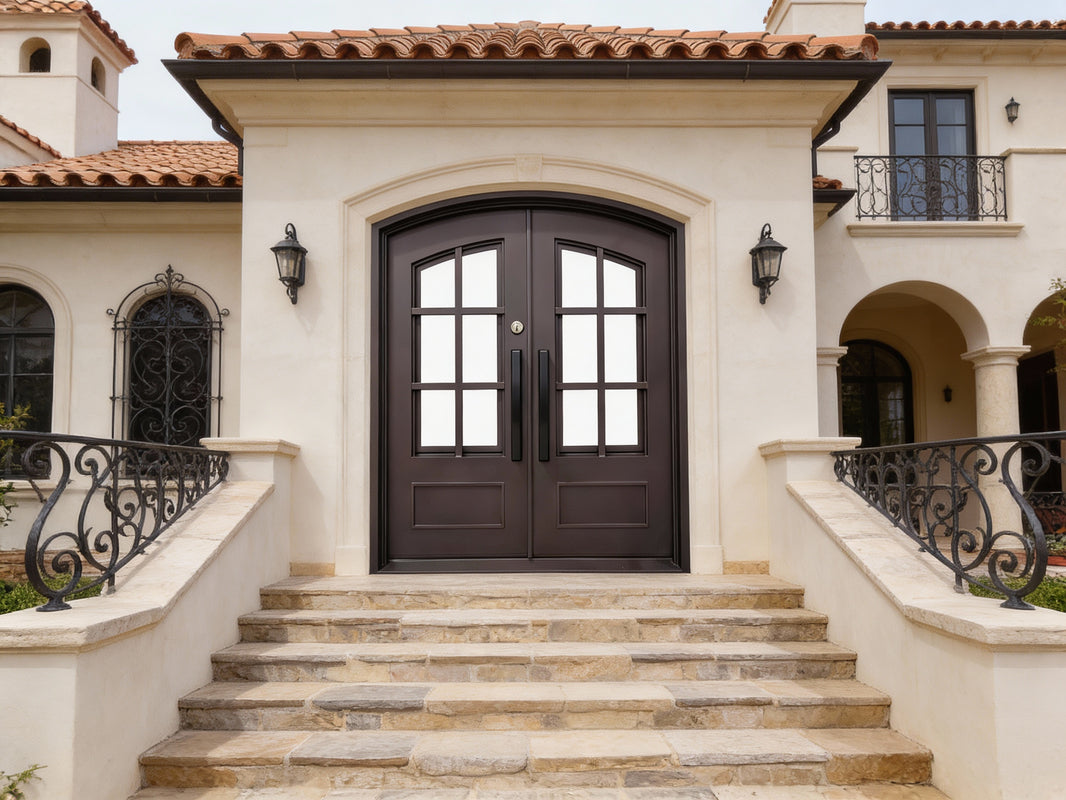 French Style Square Top Wrought Iron Entry Door with Kickplate Panel and Scroll Detailing Model # IWD1031