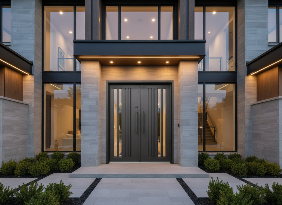 Strap Detail Wrought Iron Entry Door Square Top with Kickplate Model IWD1037