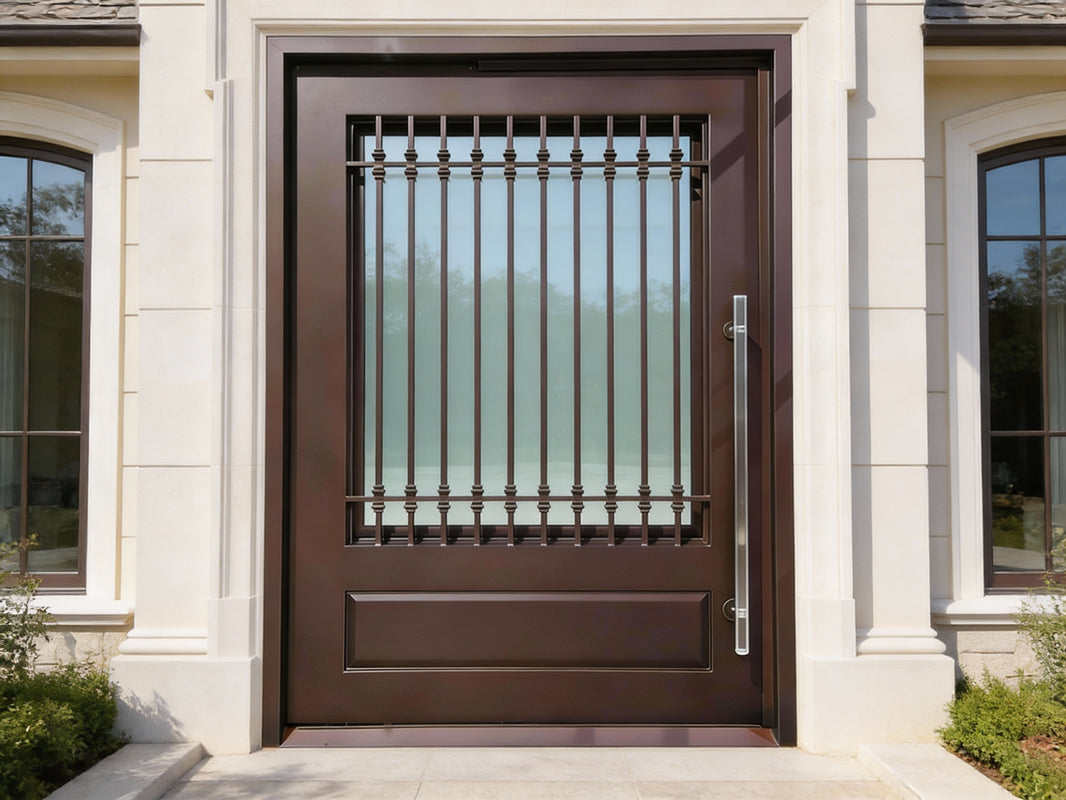 Vertical Bar Wrought Iron Entry Door – Square Top with Kickplate Model IWD1041