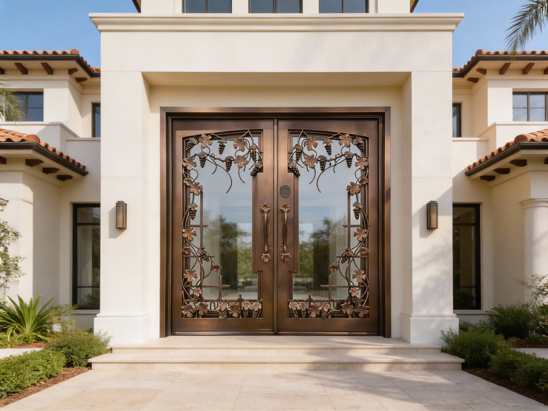 Grapevine Wrought Iron Double Entry Door – Square Top with Kickplate Model IWD1042