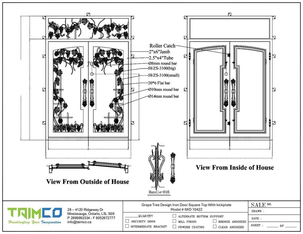 Decorative Wrought Iron Door Grapevine Motif with Dual Steel Panels Square Top With kickplate Model # IWD 10422