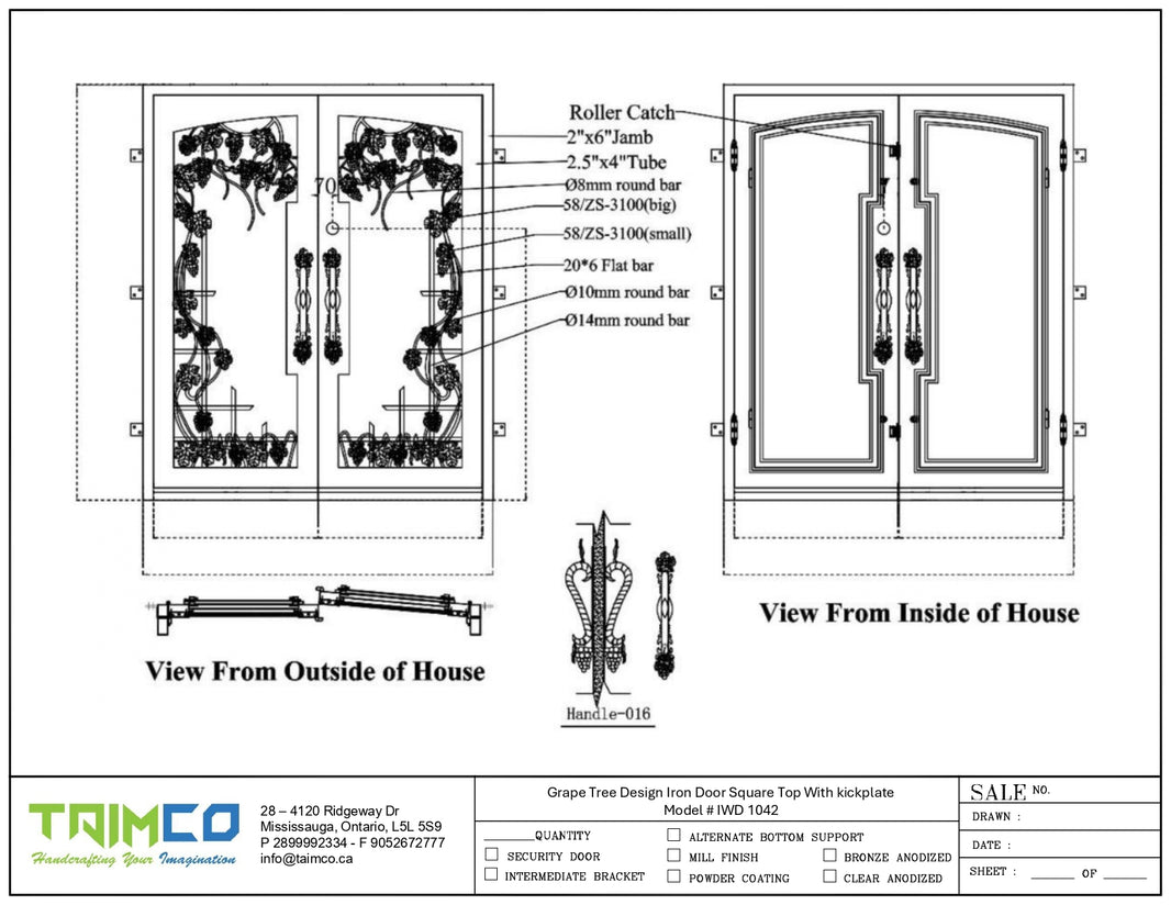 Grapevine Wrought Iron Double Entry Door – Square Top with Kickplate Model IWD 1042