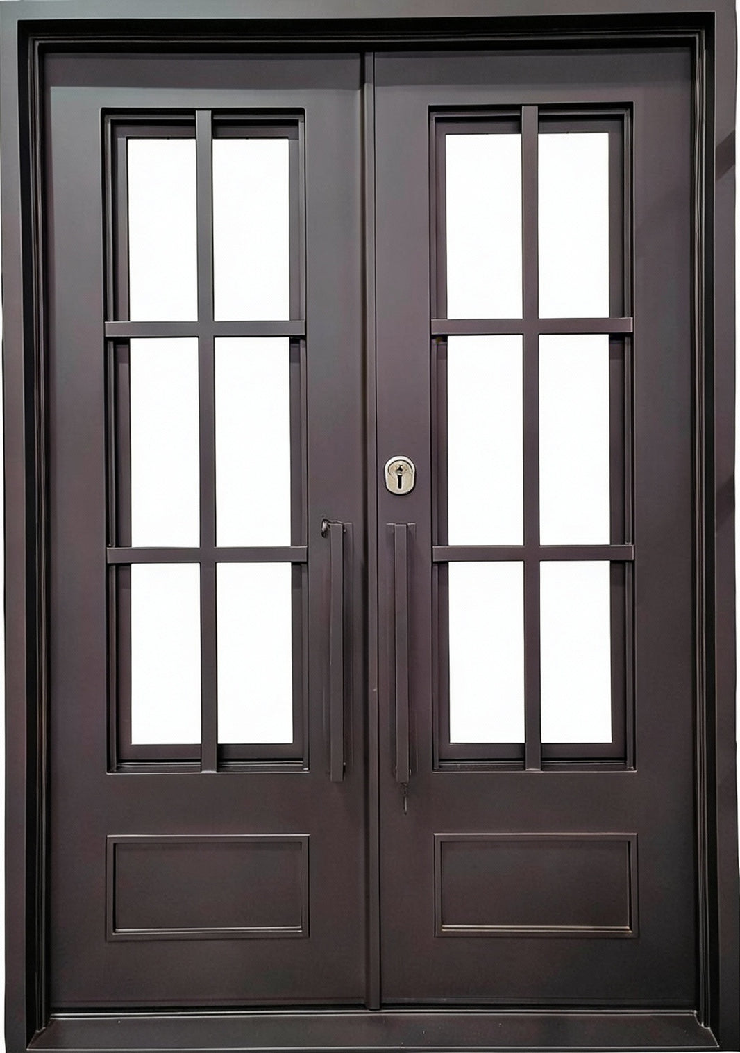French Style Square Top Wrought Iron Entry Door with Decorative Scrollwork and Kickplate Panel Model # IWD1046
