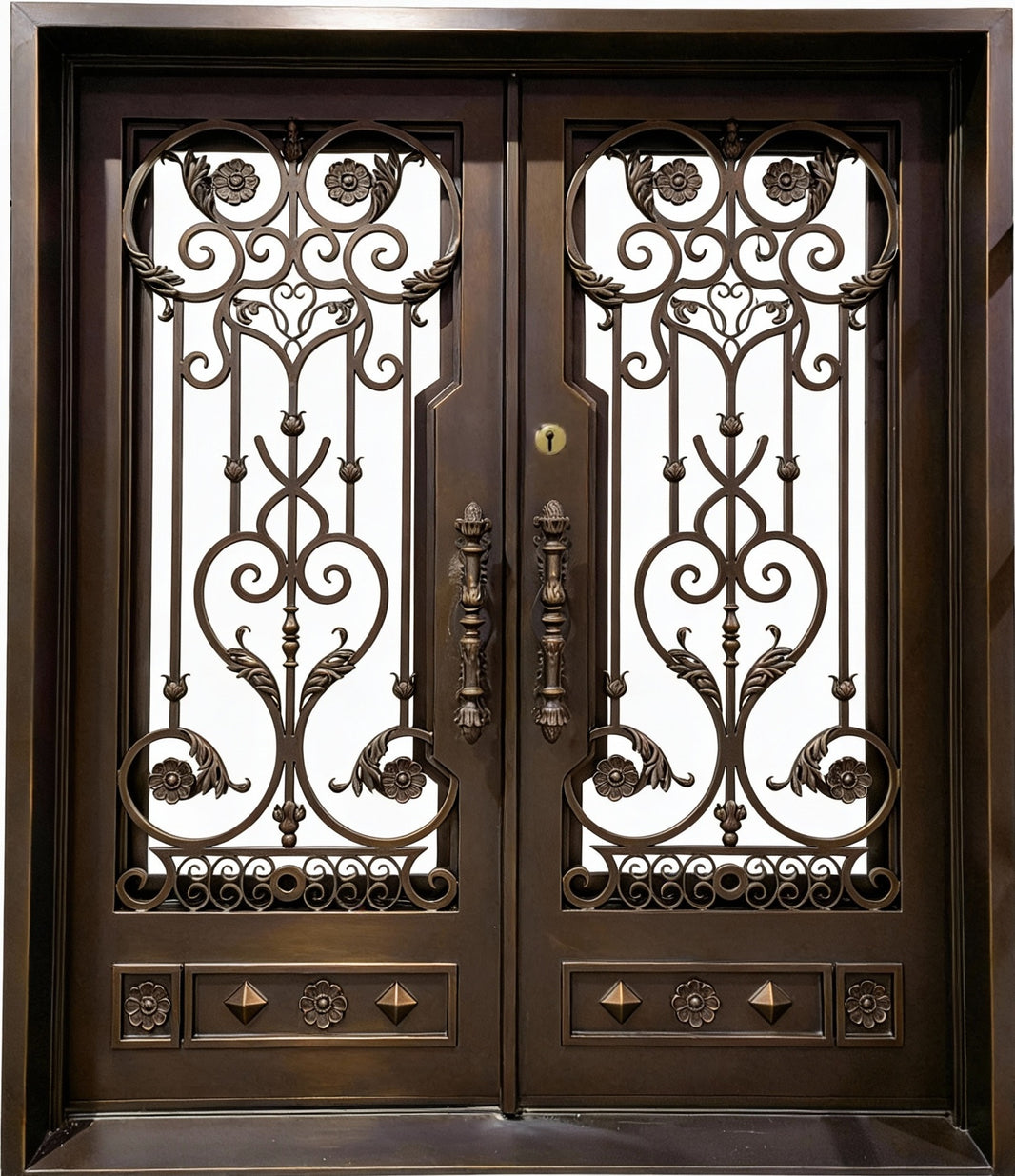 Artisan Wrought Iron Double Door – Ornate Floral Scrollwork with Kickplate Model IWD1047