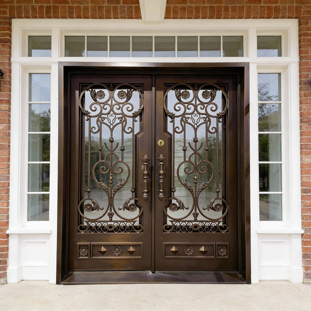 Artisan Wrought Iron Double Door – Ornate Floral Scrollwork with Kickplate Model IWD1047