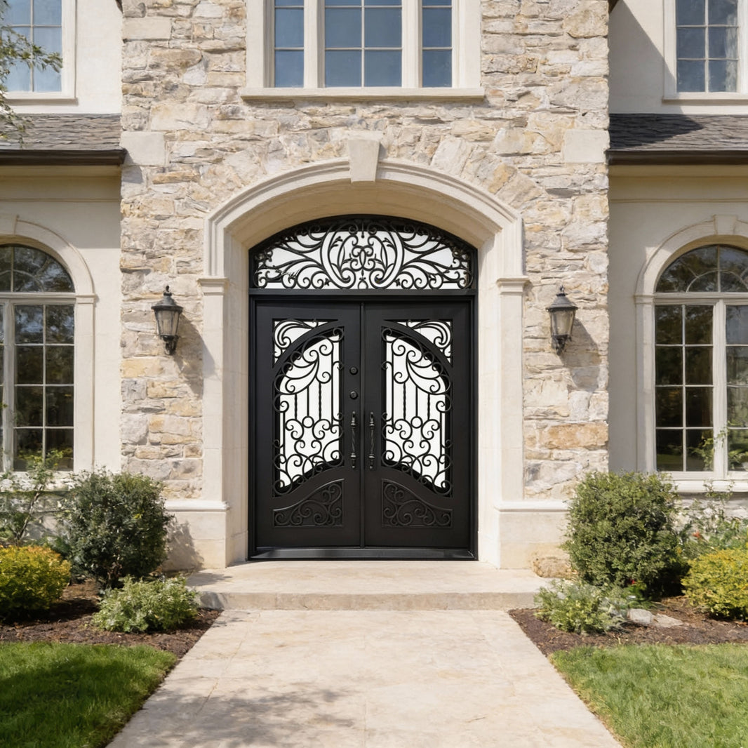 Premium Wrought Iron Entry Door  Square Top with Kickplate Model IWD1048