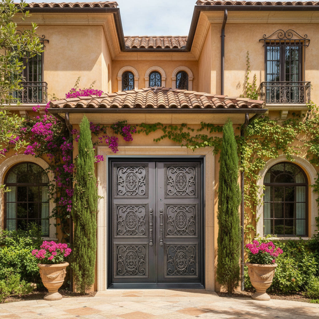 Medieval Majesty Wrought Iron Entry Doors – Square Top with Oval Scrollwork Panels & Kickplate | Model IWD1051