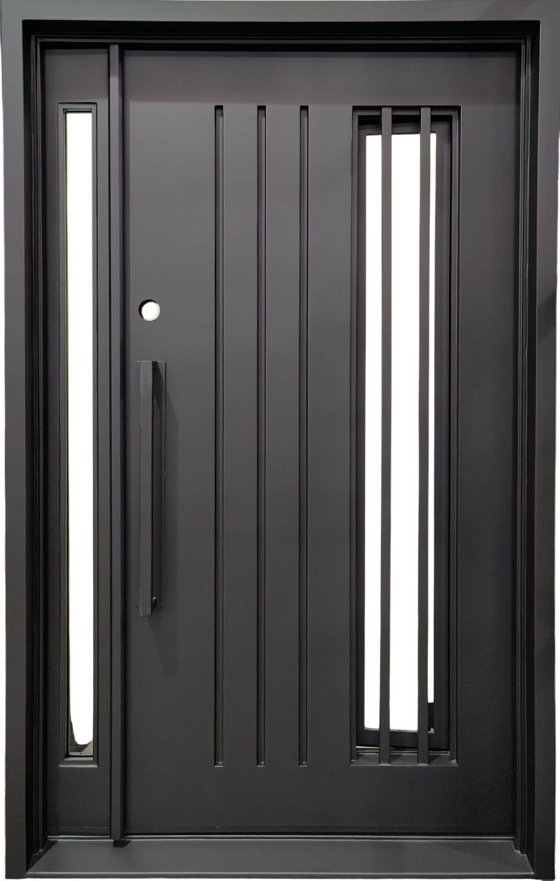 Modern Wrought Iron Entry Door – Vertical Glass Panels with Square Top & Minimalist Handle | Model IWD 1052