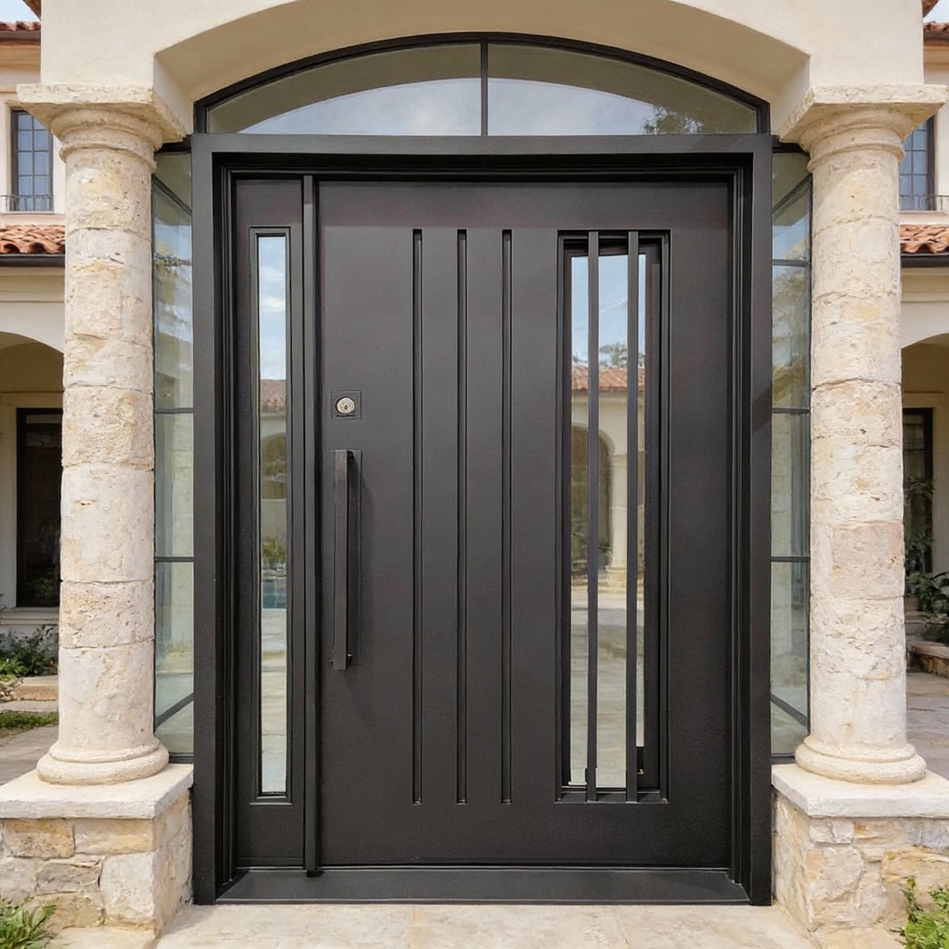 Modern Wrought Iron Entry Door – Vertical Glass Panels with Square Top & Minimalist Handle | Model IWD1052