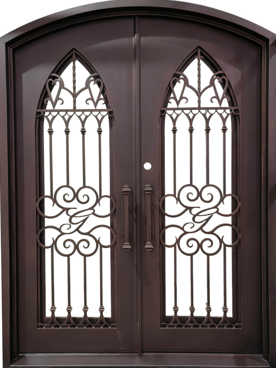 Double Arched Wrought Iron Entry Doors – Gothic Panels with Monogram “G” Scrollwork | Black Powder-Coated Finish | Model IWD 1054