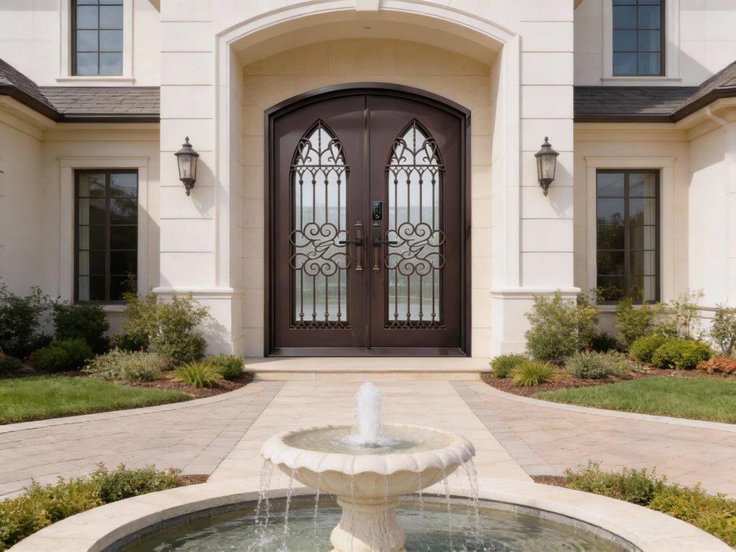 Double Arched Wrought Iron Entry Doors – Gothic Panels with Monogram “G” Scrollwork | Black Powder-Coated Finish | Model IWD1054