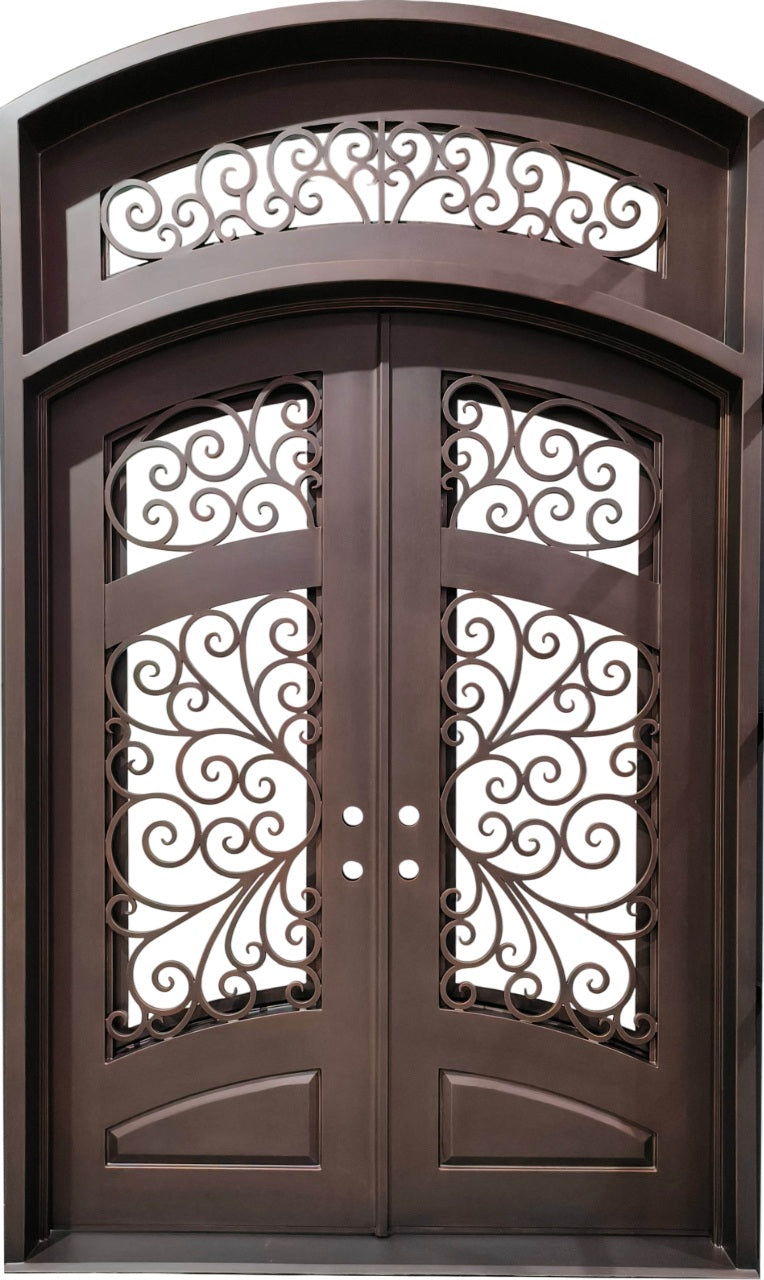 Elegant Double Wrought Iron Entry Doors – Scrollwork with Arched Transom & Wood-Tone Finish | Model IWD 1055