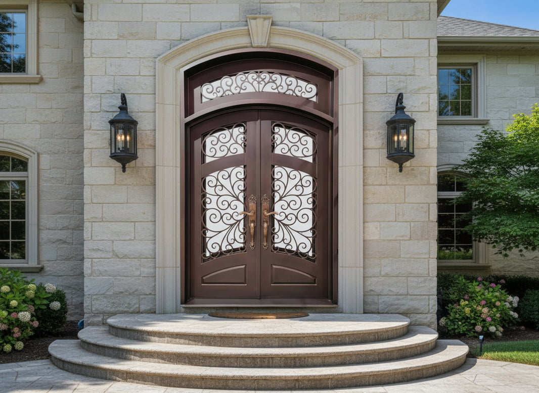 Elegant Double Wrought Iron Entry Doors – Scrollwork with Arched Transom & Wood-Tone Finish | Model IWD1055
