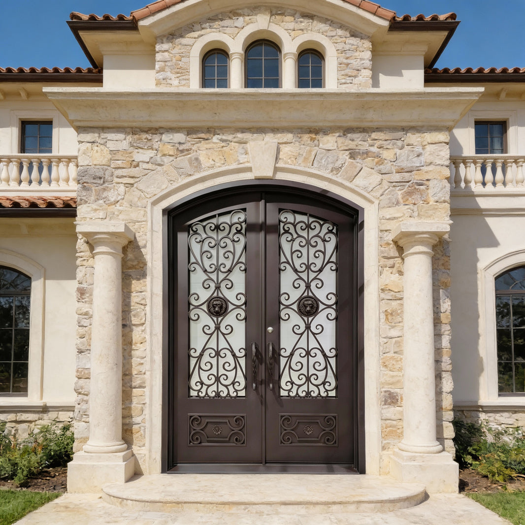 Arched Top Wrought Iron Entry Door – Twisted Bar Scrollwork with Lion Motifs & Kickplate | Model IWD1056