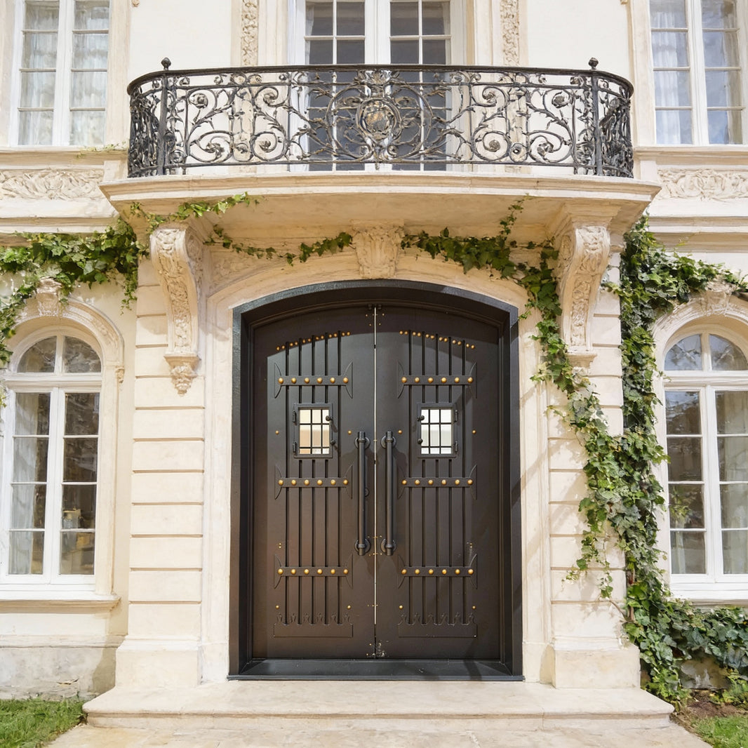 Fortress-Style Double Iron Entry Doors – Black Finish with Grid Windows, Studded Panels & Arch Frame | Model # IWD1058