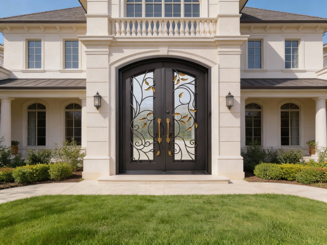 Double Wrought Iron Entry Doors – Black & Gold Leaf Scrollwork with Arched Frame | Model IWD1059