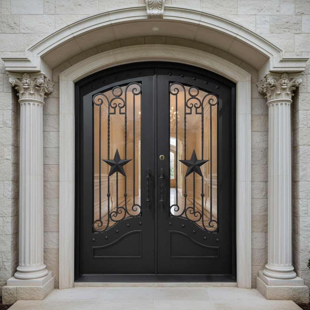 Arched Double Wrought Iron Doors – Star Motif with Twisted Handles & Ornamental Scrollwork | Model # IWD1063
