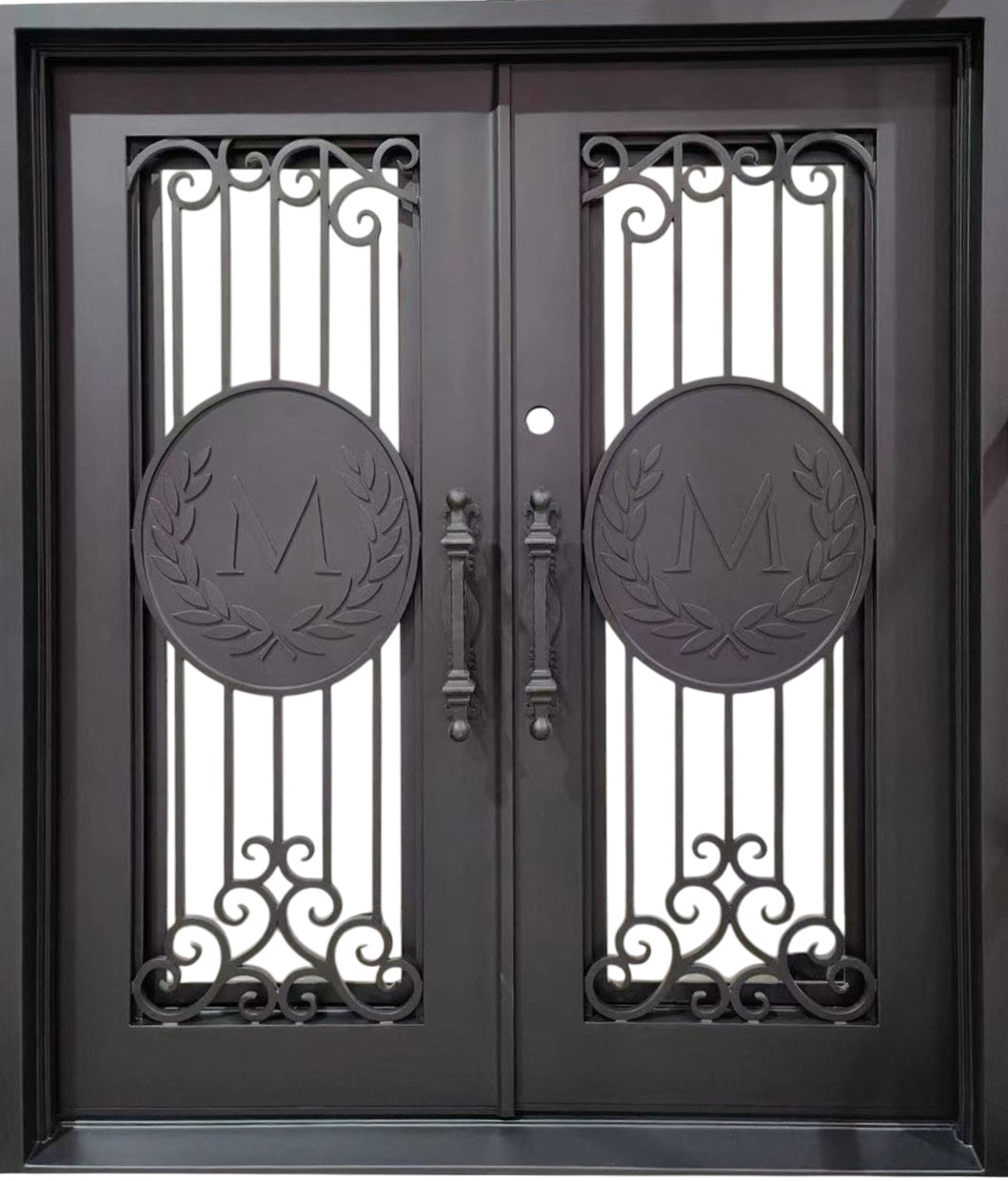 Double Wrought Iron Entry Doors – Black Finish with Signature “M” Medallions | Vertical Bars & Laurel Scrollwork | Model #IWD 1064