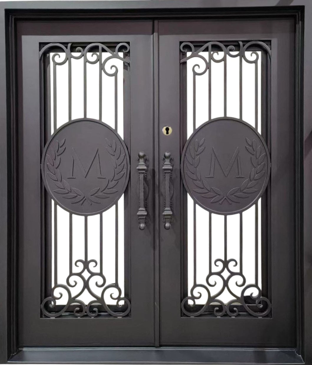 Double Wrought Iron Entry Doors – Black Finish with Signature “M” Medallions | Vertical Bars & Laurel Scrollwork | Model # IWD1064
