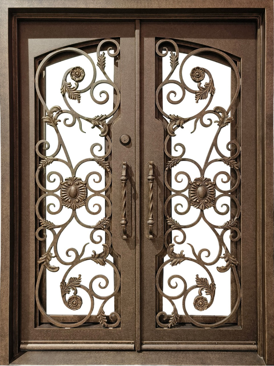Square Top Wrought Iron Entry Door – Floral Scrollwork & Kickplate | Double Pane Glass | Model #IWD 1065