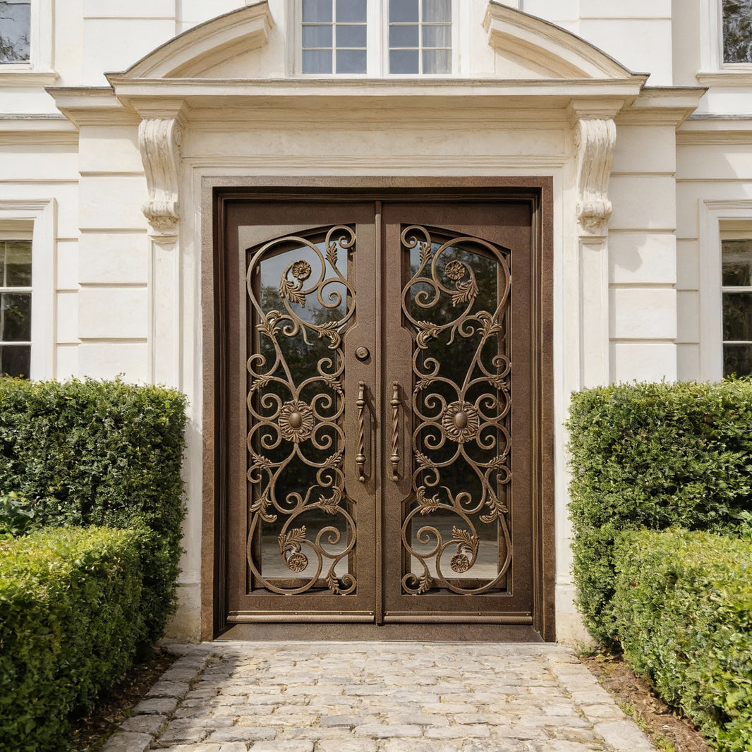 Square Top Wrought Iron Entry Door – Floral Scrollwork & Kickplate | Double Pane Glass | Model # IWD1065