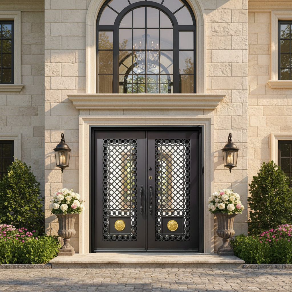 Ornate Double Door – Black Wrought Iron with Gold Medallions | Scrollwork Design & Kickplate | Model # IWD1066