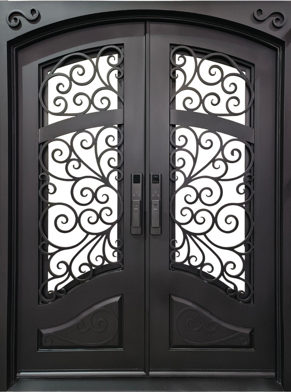 Premium Wrought Iron Entry Door Square Top with Kickplate Double Pane Glass & Scrollwork Model IWD1069