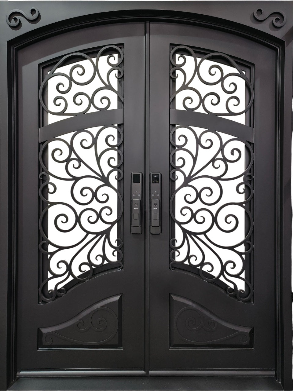 Premium Wrought Iron Entry Door Square Top with Kickplate Double Pane Glass & Scrollwork Model IWD 1069