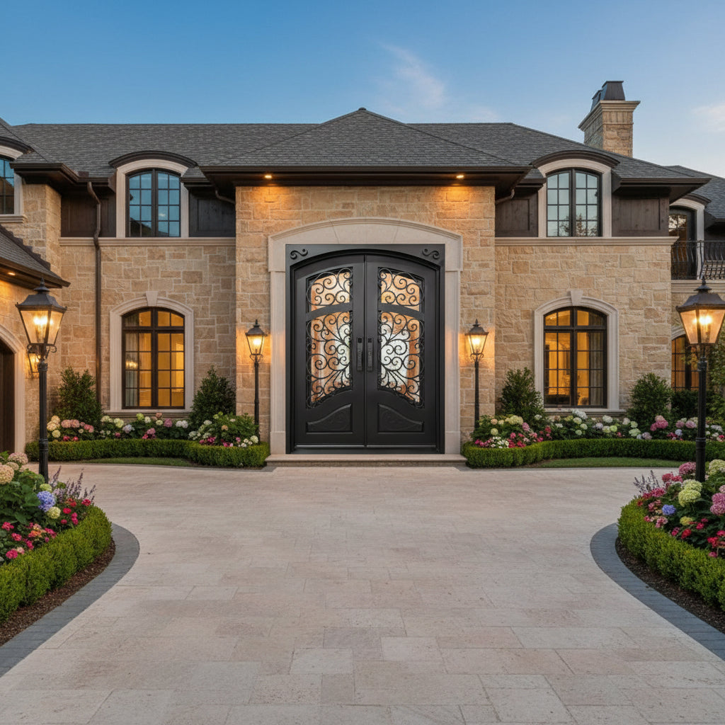 Premium Wrought Iron Entry Door Square Top with Kickplate Double Pane Glass & Scrollwork Model IWD1069