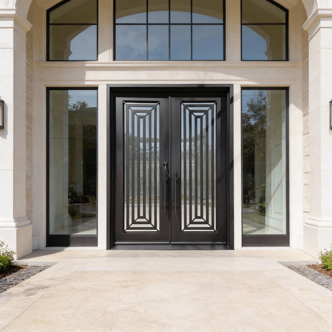 Graphic Linework Double Steel Door | Matte Black with Symmetrical Geometric Overlay Model # IWD1072